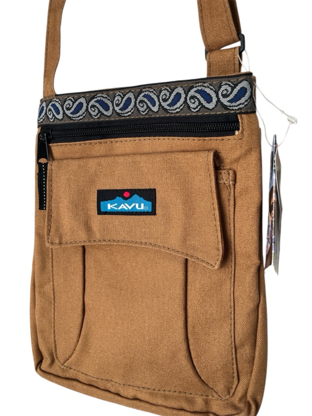 Kavu Keeper Crossbody Tan Dessert SandBag with Paisley Patterned Trim